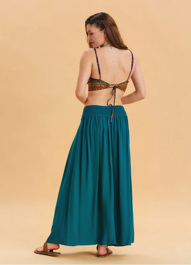 Elastic Waist Drape Detailed Petrol Long Skirt 4491